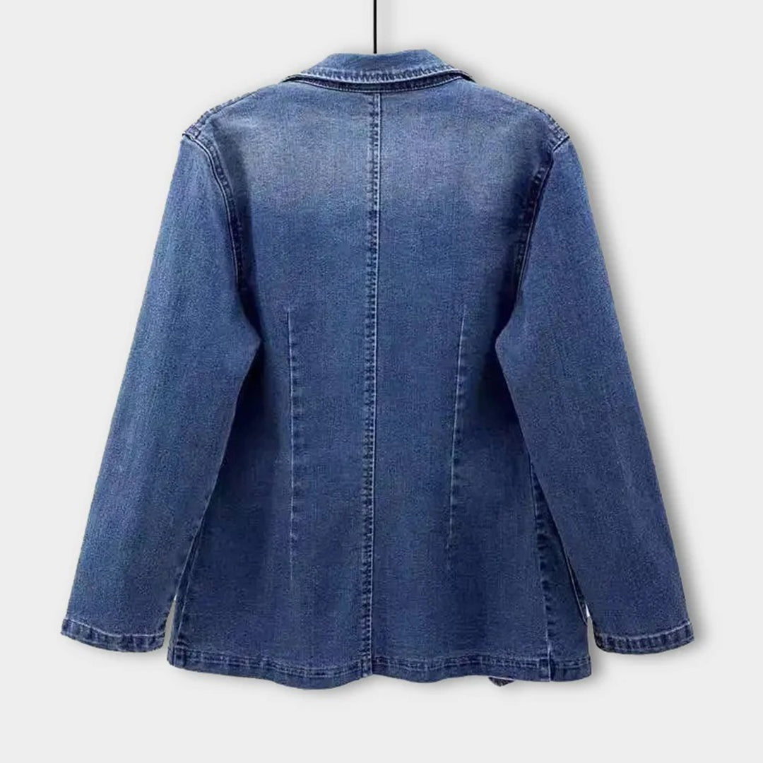 Stylish Livia blue denim blazer for women. Single button, long sleeve, ideal for smart casual fashion.