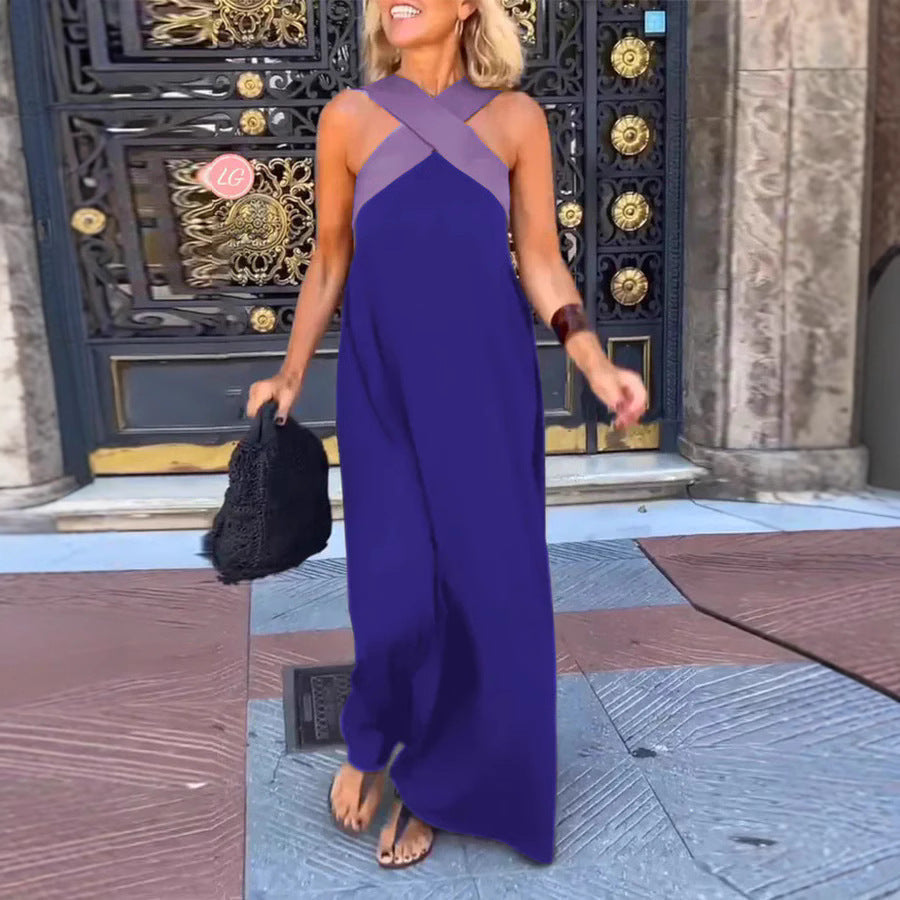 Versatile women's crossover halter maxi dress, suitable for casual or elegant summer events.