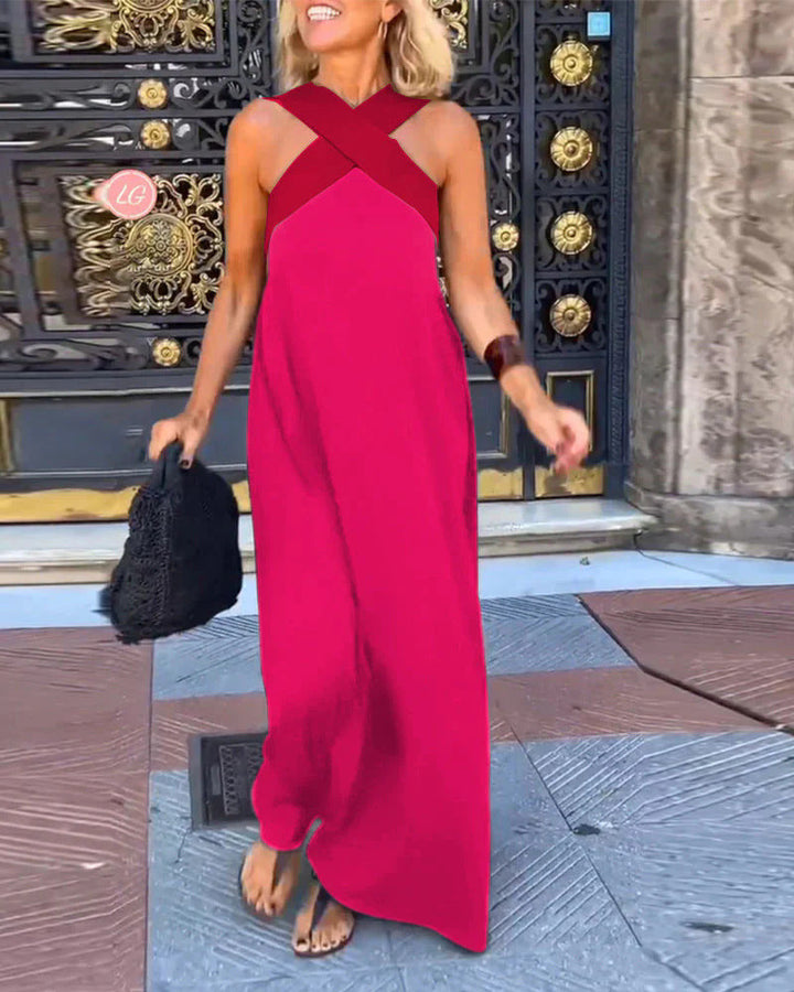 Comfortable flowy women's summer maxi dress with a sophisticated crossover halter design.