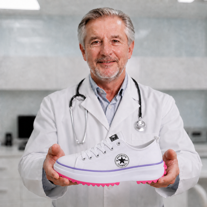 Thick platform sole of women's orthopedic walking sneakers, offering grip & support.