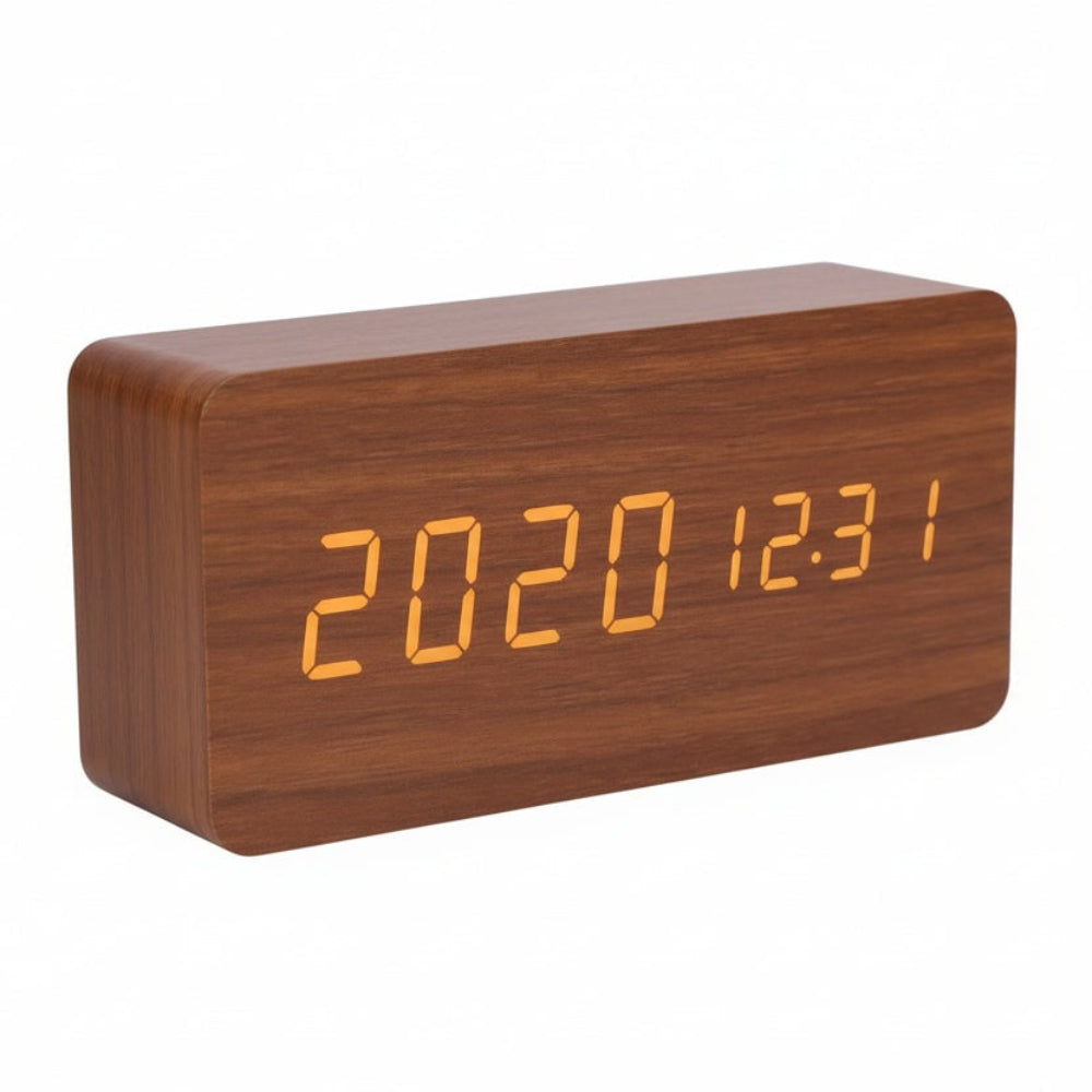 Digital alarm clock featuring clear LED display for time, date, and room temperature.
