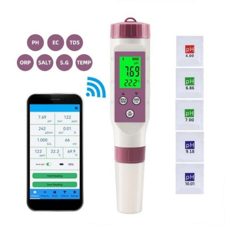 Handheld digital pool water tester with smart app integration for quick pH, temperature, & water analysis.