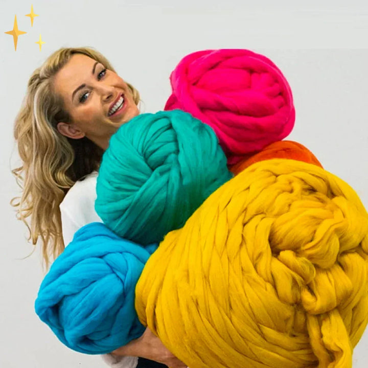 Soft, super bulky chunky XL wool yarn for DIY blankets. Ideal for cozy home decor and crafting.