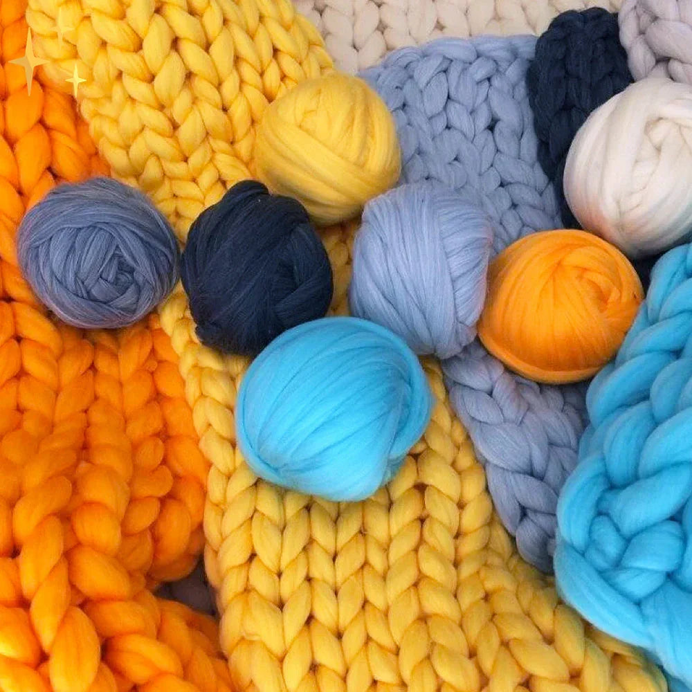 Crafting supplies: Chunky XL wool yarn, 1000g, for soft DIY blankets and cozy home decor items.