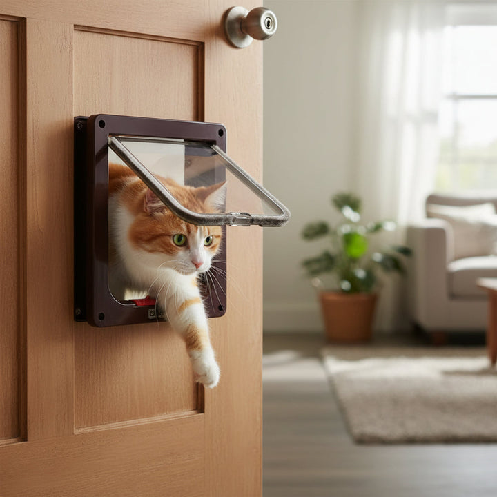 Pet door with 4-way locking system for secure dog and cat access. Easy install pet flap.