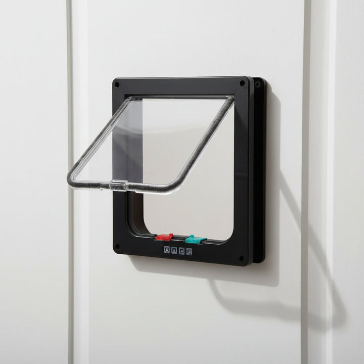 Brown pet door for dogs and cats, featuring a secure 4-way locking pet flap.