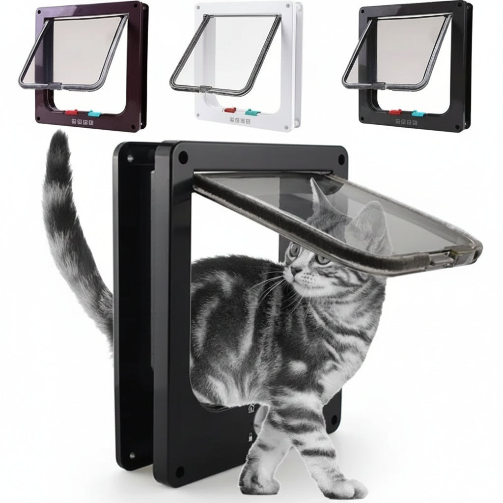 Easy install pet door provides 4-way locking access for cats and small dogs.