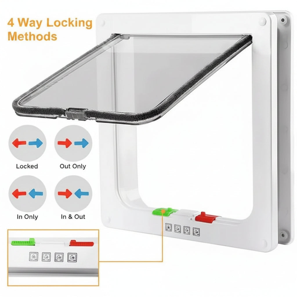 Secure black dog and cat door with 4-way locking pet flap for home access.