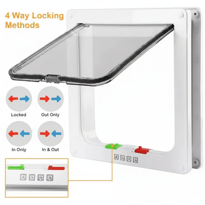 Secure black dog and cat door with 4-way locking pet flap for home access.