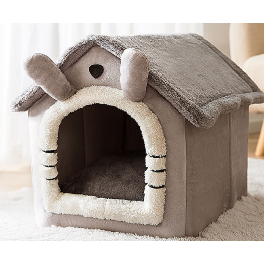 Cozy dog house bed with plush removable cushion, ideal for indoor pets and comfort.