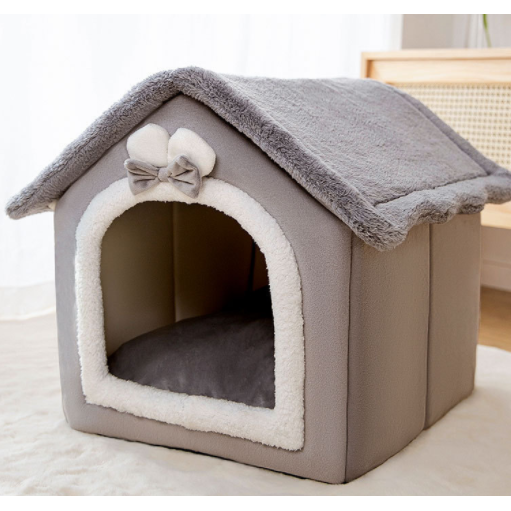 Comfortable pet bed house, an enclosed dog cave with a washable cushion inside.