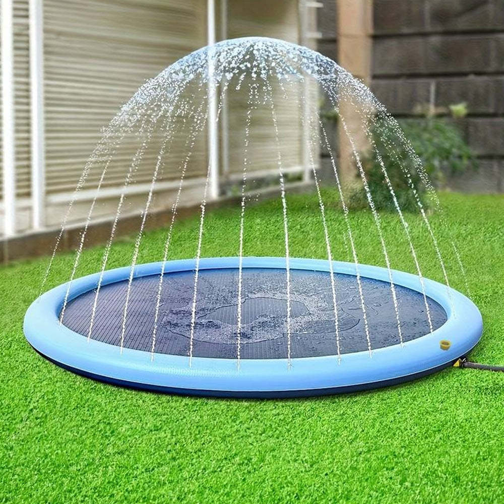 Blue dog sprinkler pool with water jets, a durable splash pad for backyard pet cooling & water play fun.