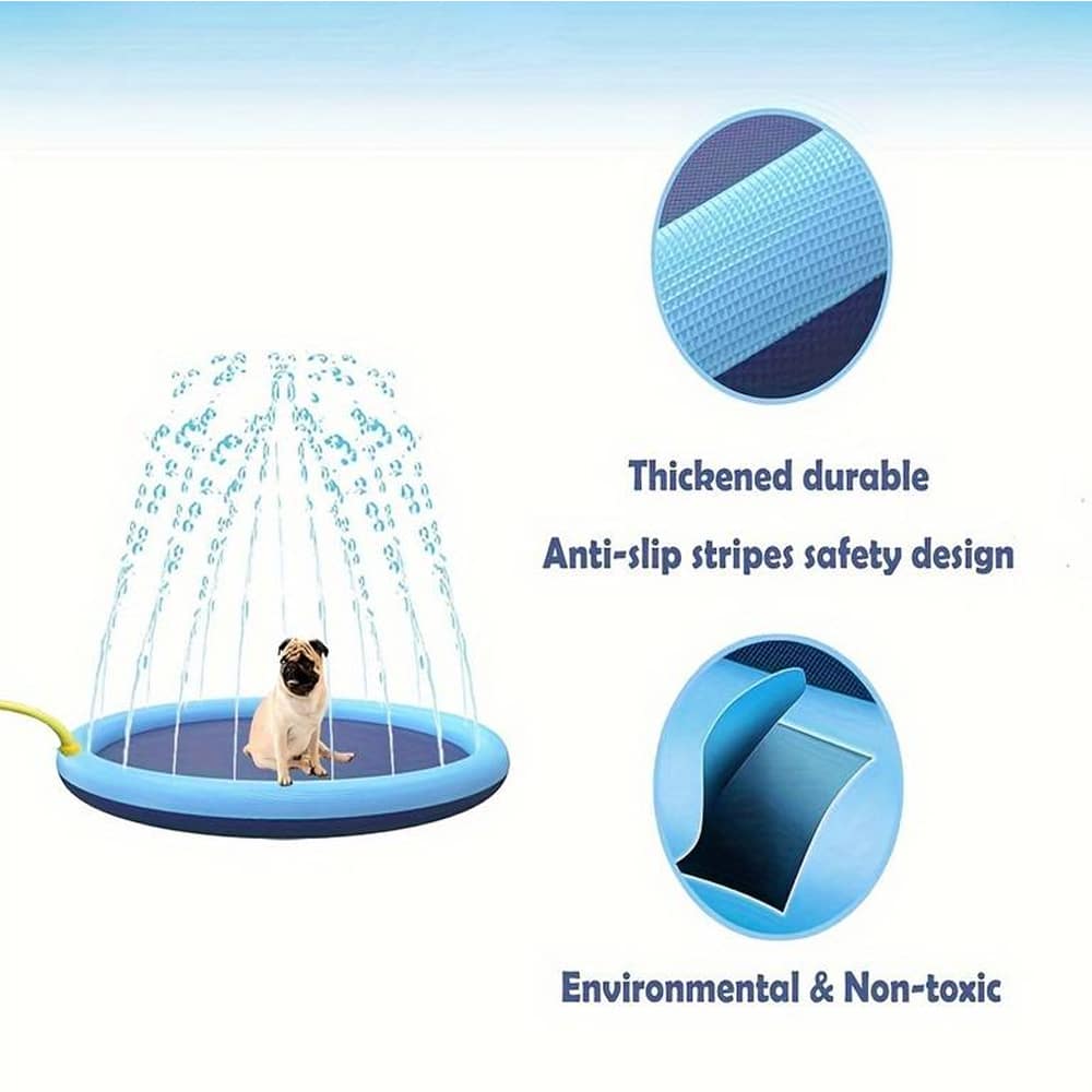 Round dog sprinkler pool with fountain jets, a perfect splash pad for pet cooling & outdoor summer play.