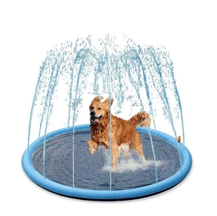 Dog sprinkler pad for outdoor summer play. A fun pet cooling mat for dogs to splash and cool off.