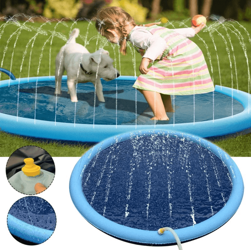 Large dog splash pad with sprinklers. Perfect water mat for pets to enjoy outdoor summer fun and cooling.