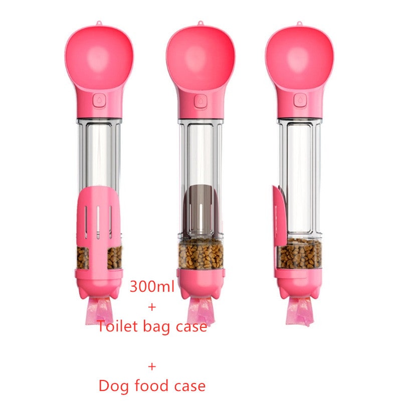 Portable dog water bottle for hydration on the go, with waste bag holder.