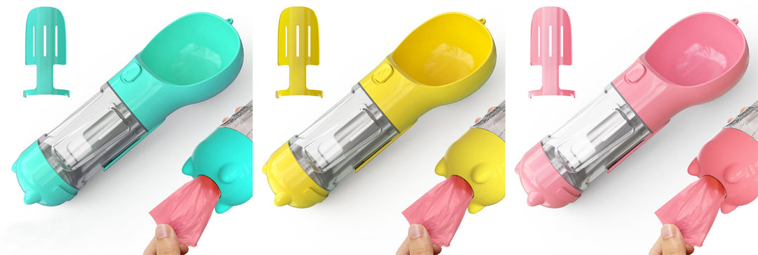 Outdoor dog water bottle, travel bowl, & waste bag holder for active pets.