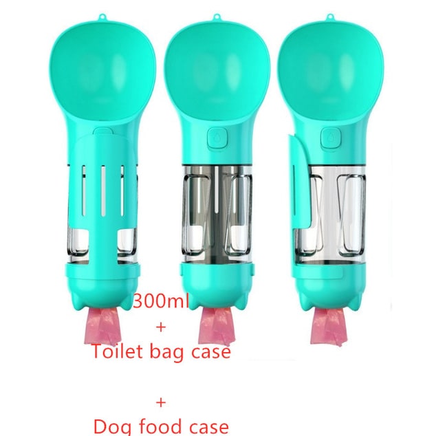Leak-proof dog travel water bottle with built-in waste bag dispenser.