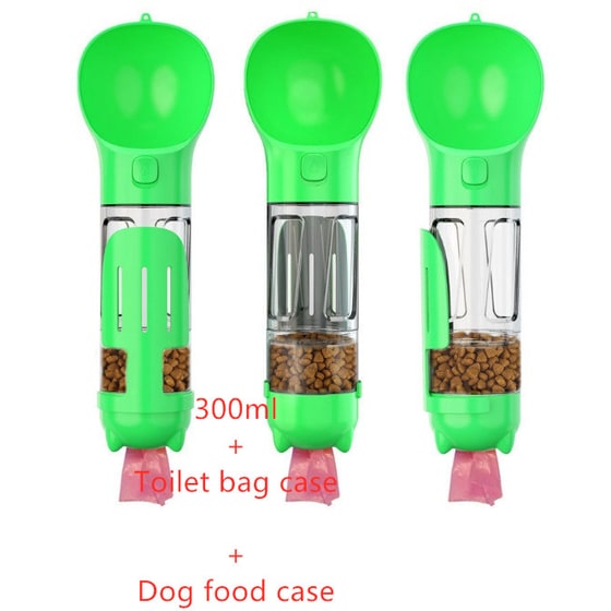 Dog's portable water bottle, dispenser, and waste bag holder for convenience.