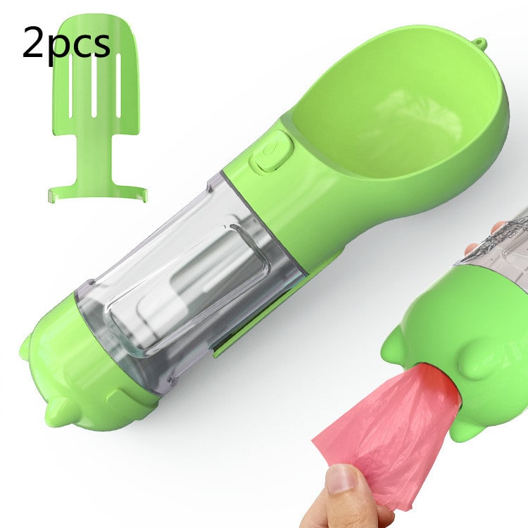 Leak-proof dog hydration bottle & waste bag dispenser for hiking & travel.