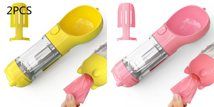 Portable dog water bottle & waste bag holder for happy & hydrated puppies.