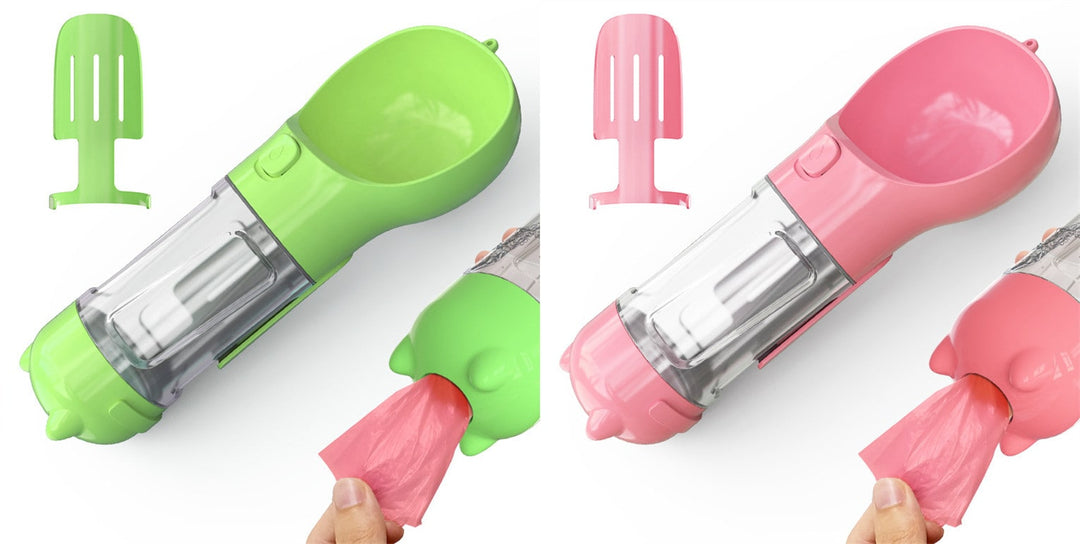 Versatile dog water bottle, dispenser, and waste bag holder for all breeds.