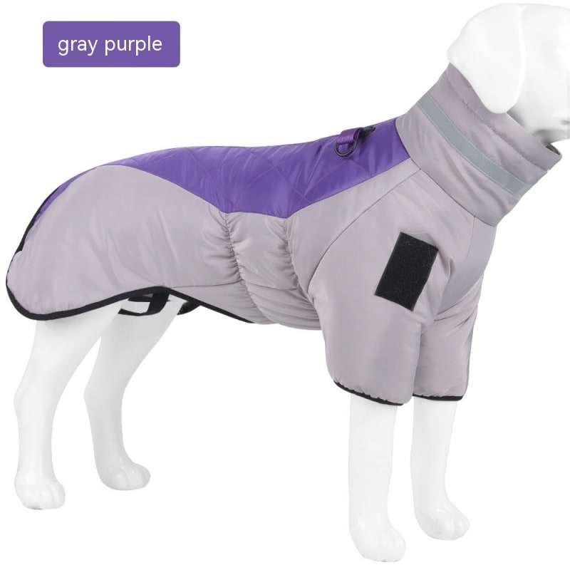 Durable waterproof dog coat, insulated for warmth, with reflective strips for large breed pet safety in winter.
