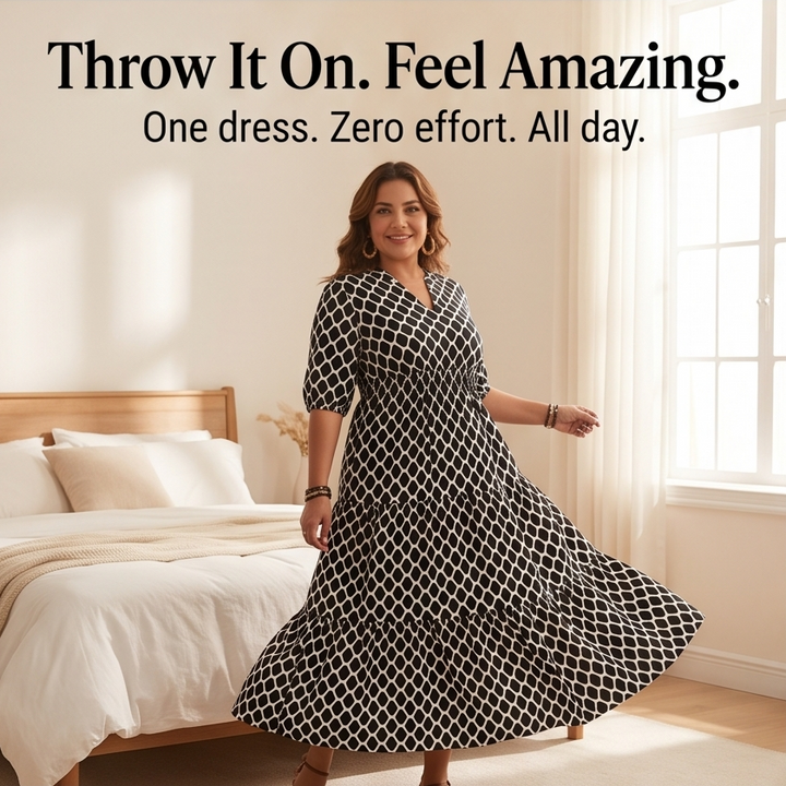 Stylish women's maxi dress: geometric print, tiered boho design, and essential pockets.