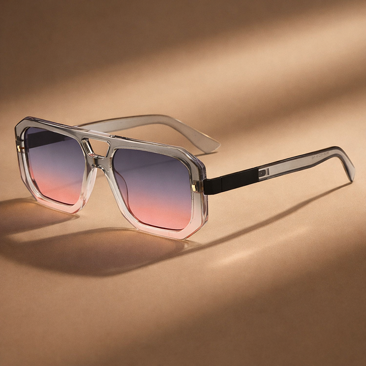 Statement geometric octagon shades with a double bridge. Unisex fashion eyewear for a bold and modern style.