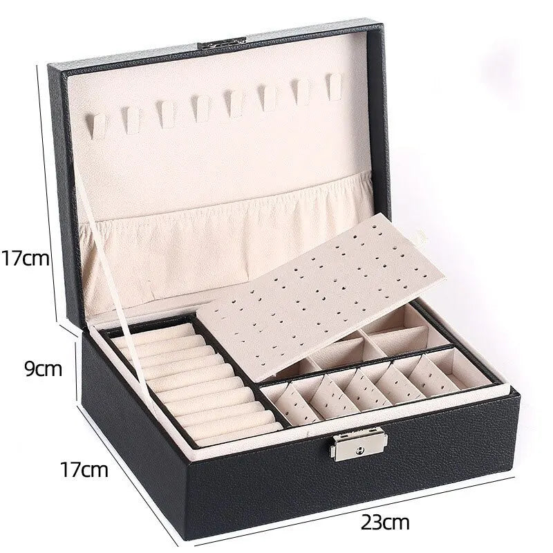 Stylish women's double-layer leather jewelry organizer, ideal for secure accessory storage & display.