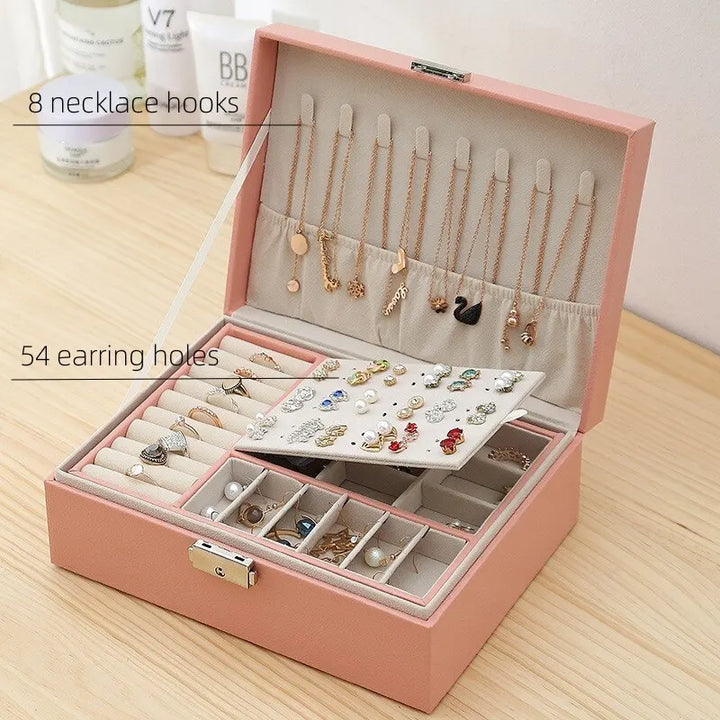 Women's high-quality double-layered leather jewelry box, an essential elegant organizer for all accessories.