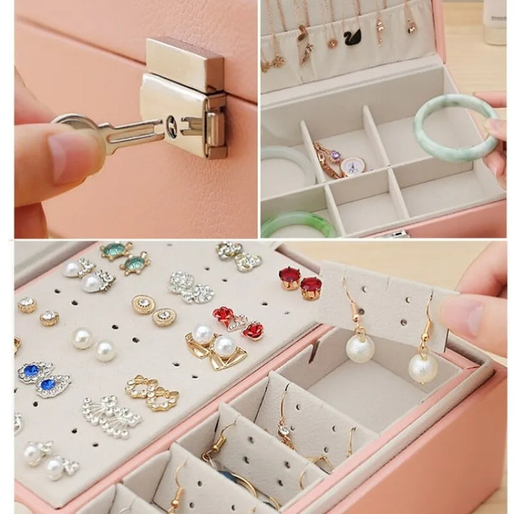 Sophisticated women's leather accessory storage box with a convenient double-layer design for efficiency.