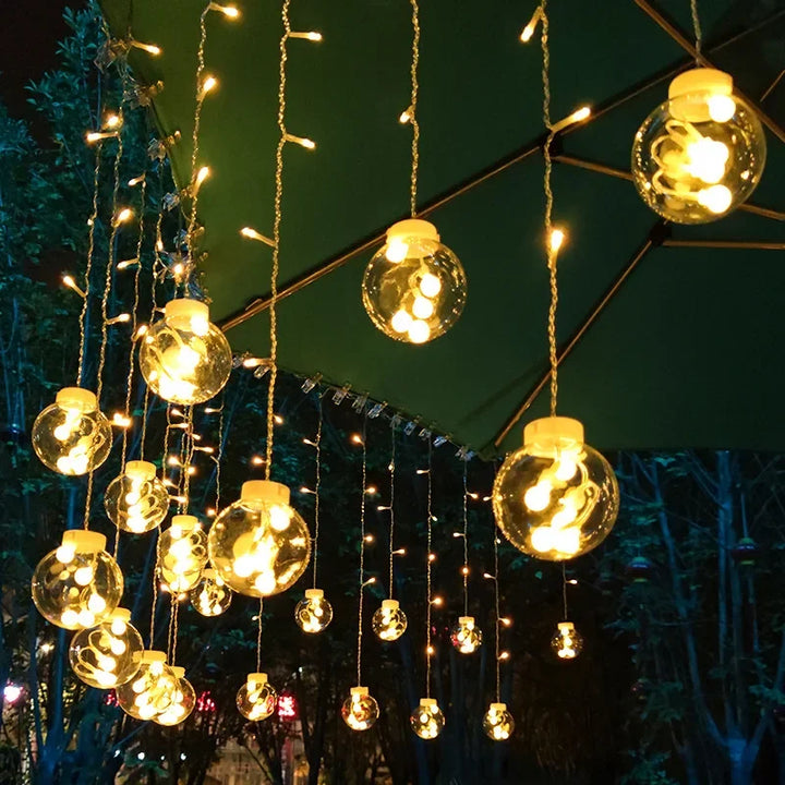 Warm glow from waterproof LED string lights enhancing backyard ambiance. Perfect outdoor decor lighting.