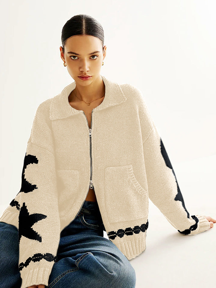 Everyday wear women's zip-up knit cardigan with star moon, a versatile layering piece.