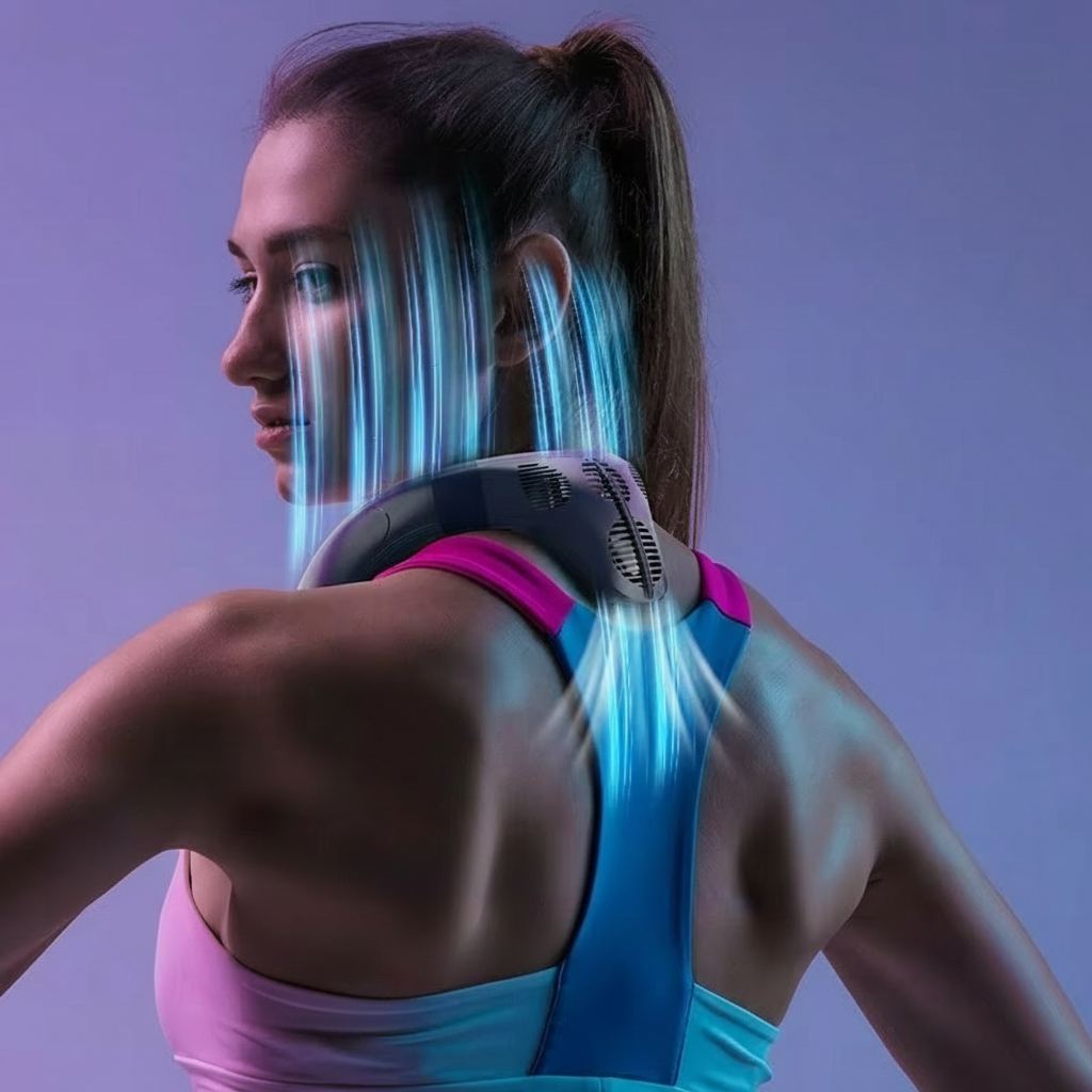 Wearable neck fan, rechargeable and portable, for personal cooling during sports, hiking, or any outdoor summer activity.