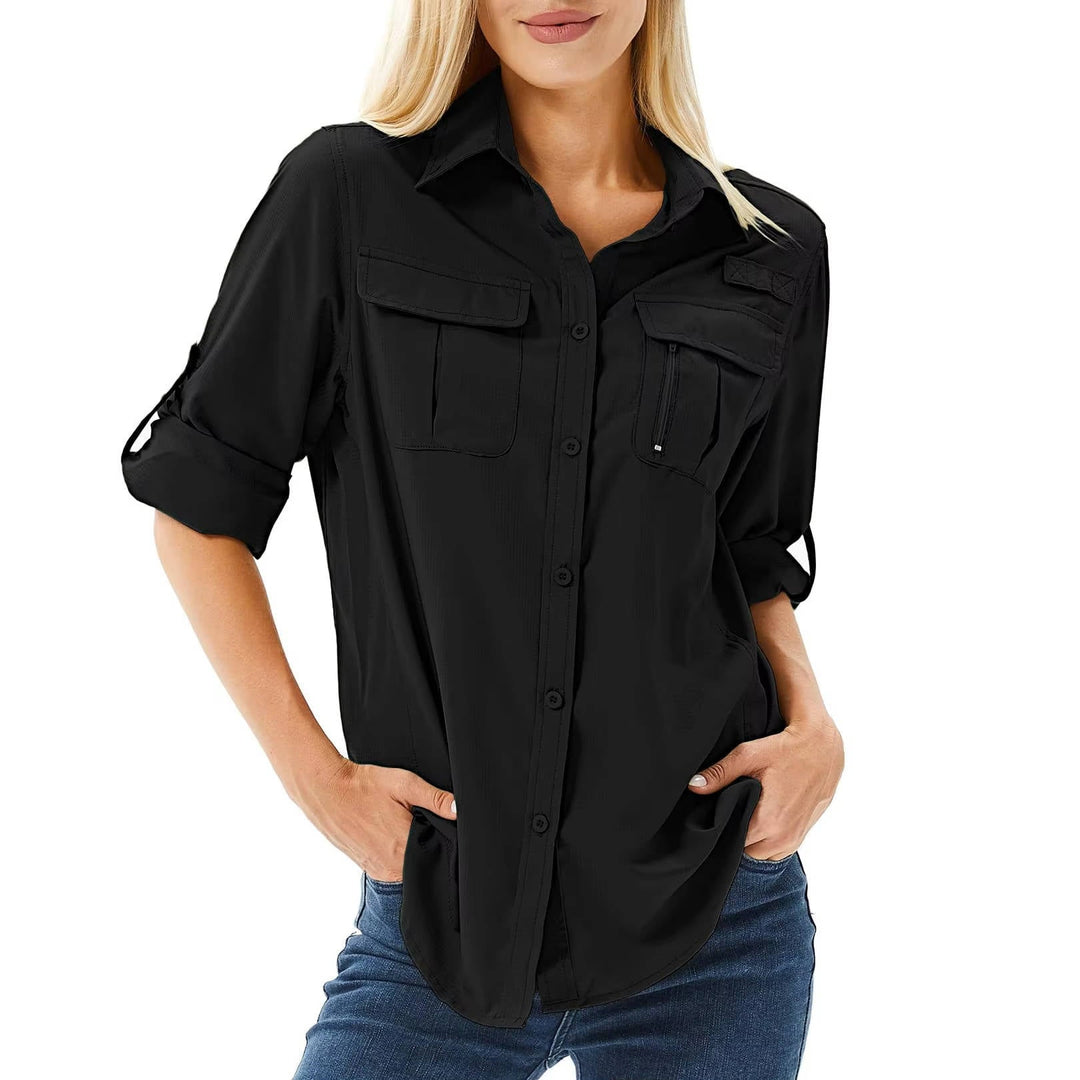 Essential women's UPF 50 long sleeve shirt, offering superior sun protection for hiking & outdoor adventures.