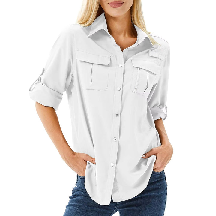 Versatile women's UPF 50 long sleeve activewear, ideal for hiking, travel, and sunny outdoor adventures.