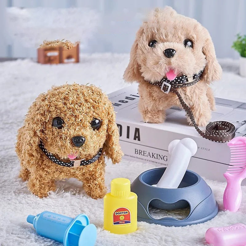 Toddler enjoying a battery-operated walking plush dog, an interactive animal toy for children.