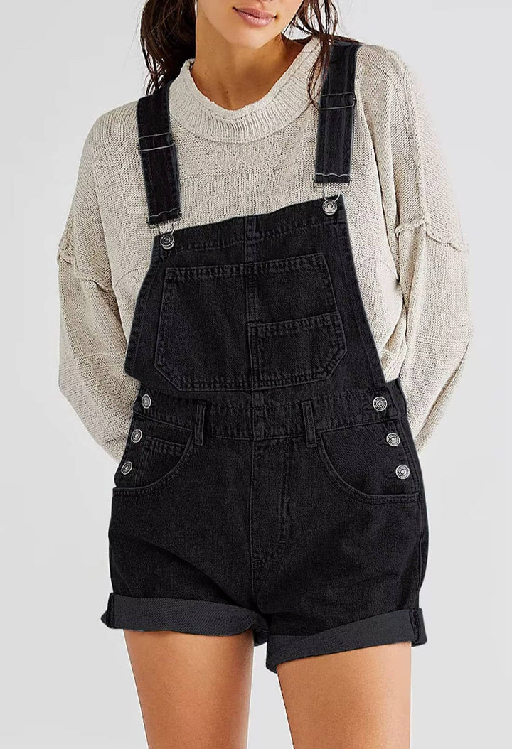 Women's casual summer denim romper shorts, featuring adjustable straps and front pockets.