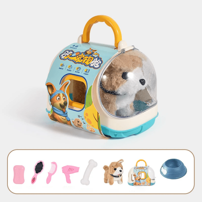 Soft, fuzzy plush dog toy walking across the floor, an engaging interactive friend for toddlers.