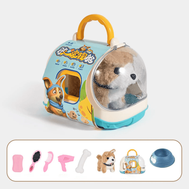 Soft, fuzzy plush dog toy walking across the floor, an engaging interactive friend for toddlers.