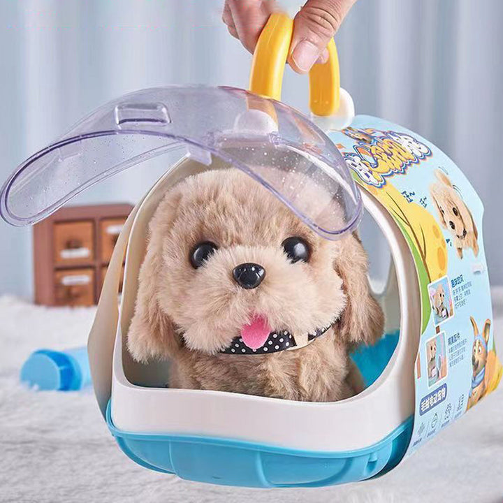 Interactive walking plush dog toy for kids, soft and cuddly, perfect for imaginative play.