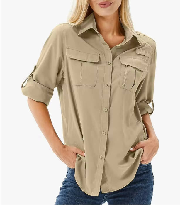 Lightweight women's UPF 50 long sleeve hiking shirt, designed for breathable comfort & sun protection.