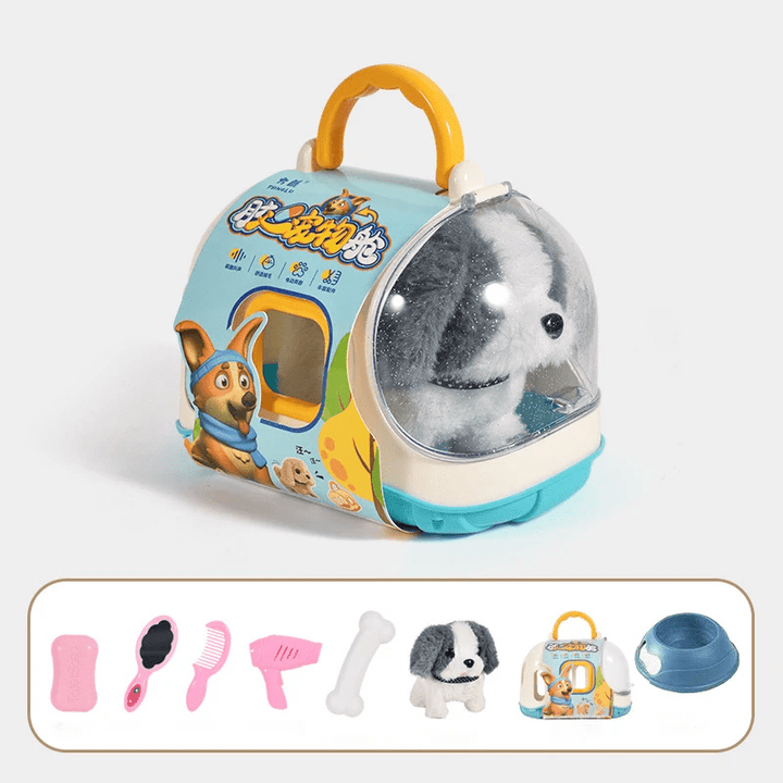 Adorable interactive walking plush dog with motion, a soft and engaging toy for young children.