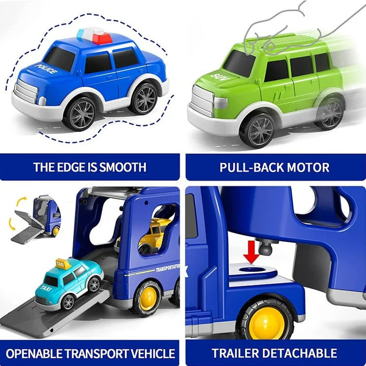 Side view of bright toy city van, a car carrier for kids with engaging features.