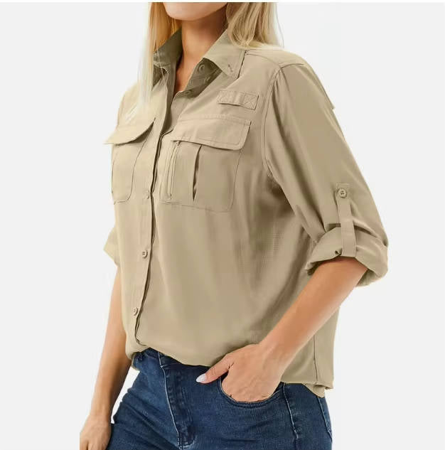Front view: Women's UPF 50 long sleeve hiking shirt, showing breathable design for active outdoor travel.