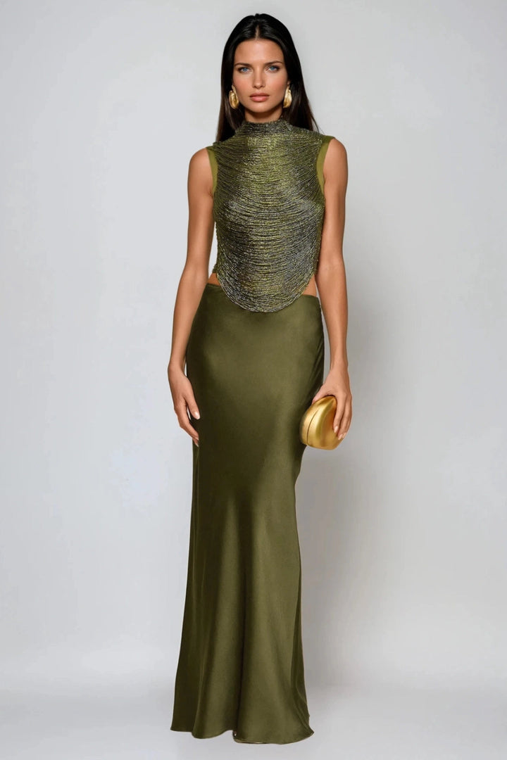 Elegant olive green two-piece set with draped high neck top and flowing maxi skirt for women's sophisticated evening wear.