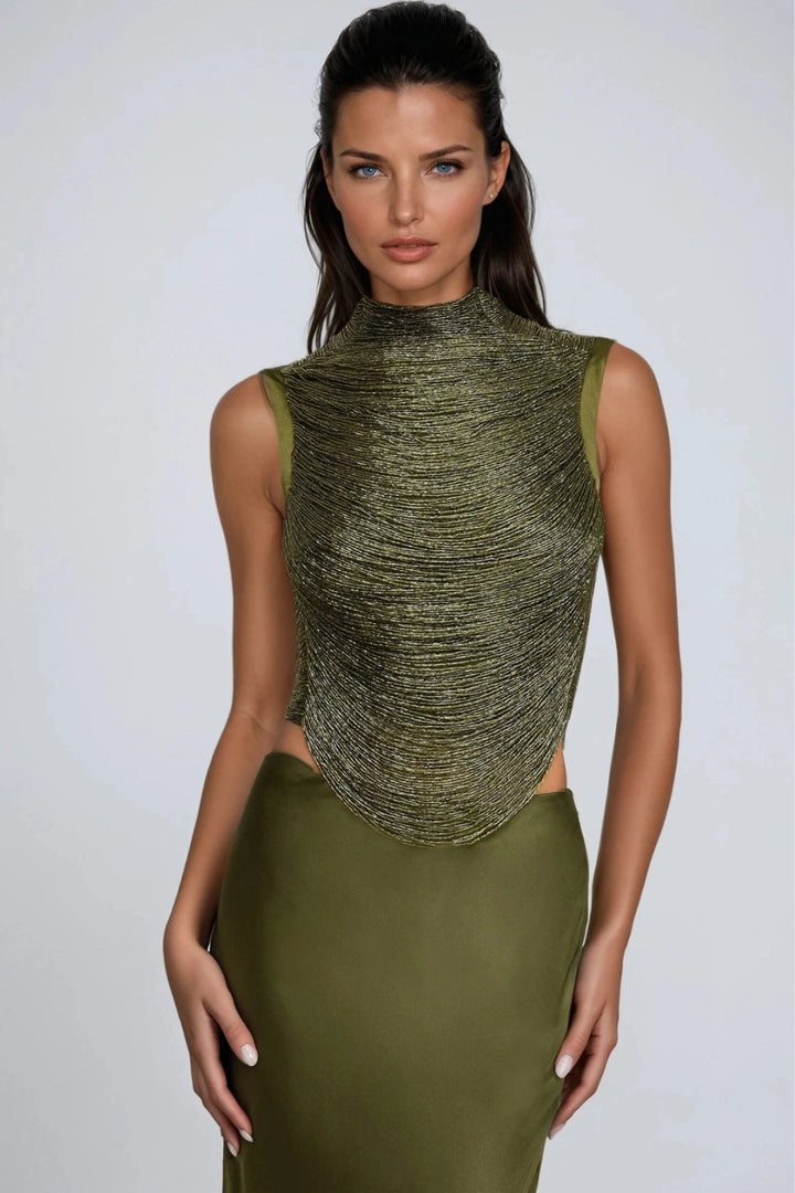 Women's elegant olive green two-piece set, featuring a draped high neck top & maxi skirt, perfect for a party or evening.