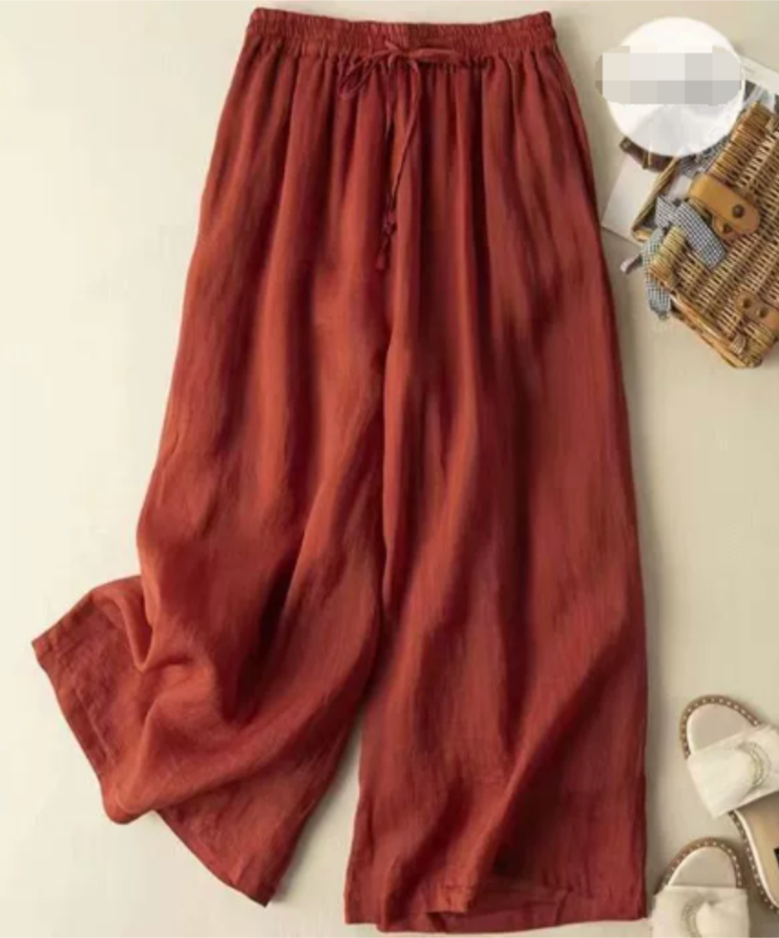 Comfortable women's red wide leg flowy trousers, relaxed fit for versatile everyday and summer casual style.