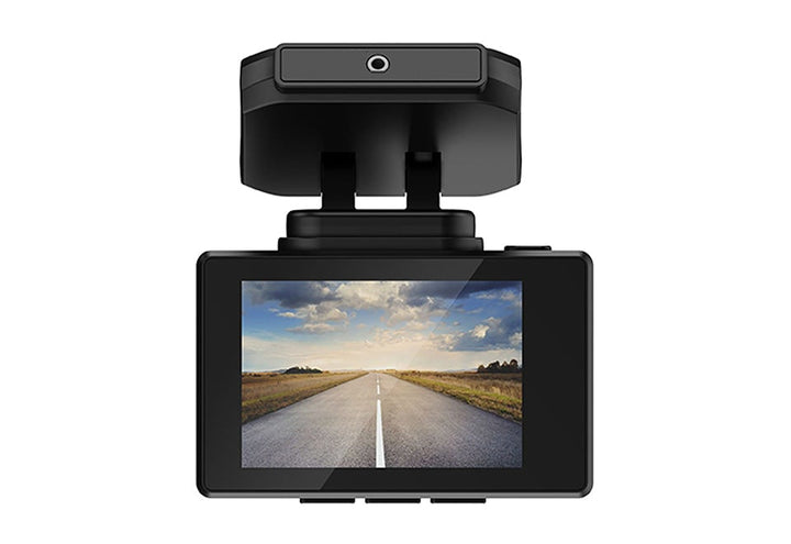 Compact dual dash cam showing its LCD screen, front lens & mounting. Essential car accessory for safety.